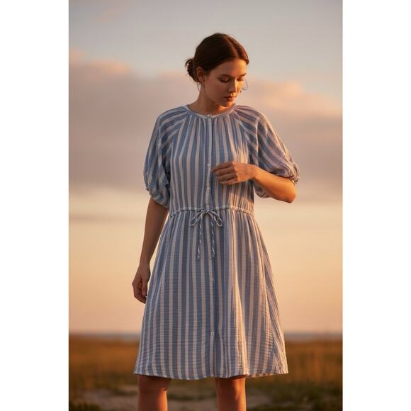 Old Navy Dresses & Skirts - Old Navy Striped 100% Cotton Gauze Tiered Puff Sleeve Dress Size XS Coastal Boho